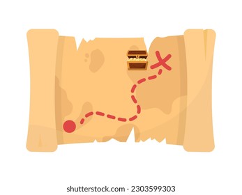 Ilustración vectorial del mapa del tesoro del pergamino antiguo. Caricatura aislada de la cosecha amarilla de papel desplegado o papiro pergamino con la línea de la ruta roja y la dirección hacia el pecho del oro, boceto de la vía en el manuscrito del mapa