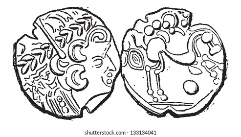 Ancient Parisii Celtic Gold Coin, showing Head (front) and Belgian Horse (back), vintage engraved illustration. Dictionary of Words and Things - Larive and Fleury - 1895