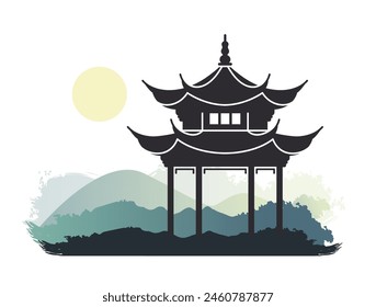 Ancient pavilion silhouette in hangzhou, China. Jixian pavilion on the west lake in hangzhou. Chinese traditional landscape.