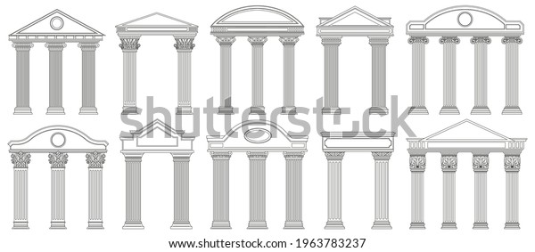 Ancient pediments. Greek and roman\
architecture temple facade with ancient pillars vector illustration\
set. Antique architectural pediments. Roman ancient vintage marble,\
greece facade\
architecture