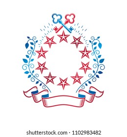 Ancient pentagonal Star emblem decorated with keys and floral ornament, security theme. Heraldic vector design element, guard symbol.  Retro style label, heraldry logo.