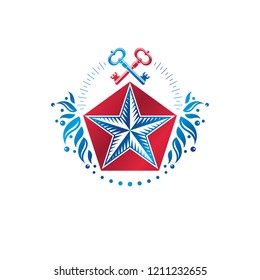 Ancient pentagonal Star emblem decorated with keys and floral ornament, security theme. Heraldic vector design element, guard symbol.  Retro style label, heraldry logo.