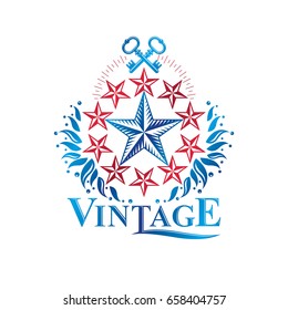 Ancient pentagonal Star emblem decorated with keys and floral ornament, security theme. Heraldic vector design element, guard symbol.  Retro style label, heraldry logo.