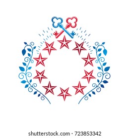 Ancient pentagonal Star emblem decorated with keys and floral ornament, security theme. Heraldic vector design element, guard symbol.  Retro style label, heraldry logo.