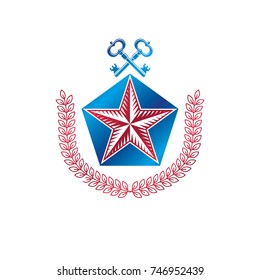 Ancient pentagonal Star emblem decorated with keys and laurel wreath, security theme. Heraldic vector design element, guard symbol.  Retro style label, heraldry logo.