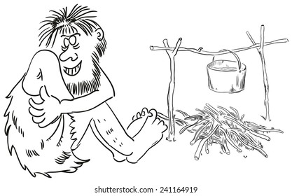 Ancient people around the campfire. Vector illustration.
