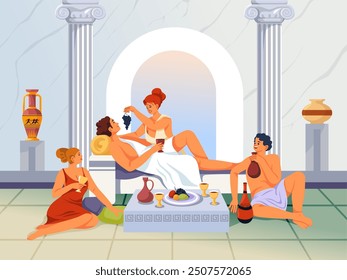 Ancient people drink wine. Roman greek history mythology hero god characters in toga drinking alcohol amphora, rome empire symposium party leisure time, recent vector illustration original artwork