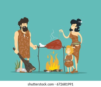 Ancient people eating. Vector illustration.