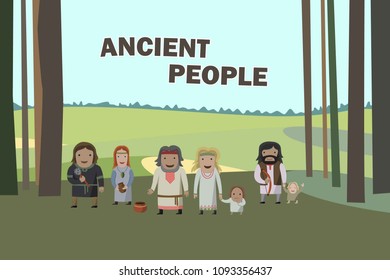 Ancient People in national dress. Belarus, Lithuania, Poland, Russia, Ukraine, Latvia. Family dressed in traditional costume. Forest. Edge. National clothes. Vector illustration.