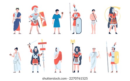 Personas antiguas roman en toga, personajes de roma. Persona griega, guerreros de la civilización imperial, soldados y ciudadanos. Juego histórico reciente del vector llano de caricatura