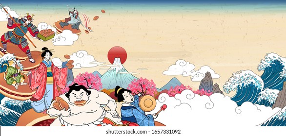 Ancient people standing and fighting upon Japanese dorayaki in ukiyo-e style on retro fuji mountain background