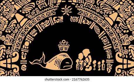 La gente antigua adoraba el pescado. La deidad en forma de ballena habla con los orcos. Los aztecas, mayas, incas. El alfabeto maya. Signos antiguos de América en un fondo negro.