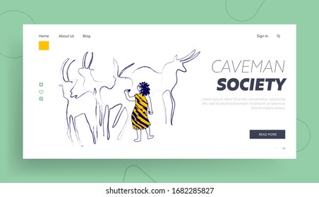 Ancient Period of Human Civilization Landing Page Template. Little Child Caveman Character Wearing Pelt Painting Animals on Cave Wall. Neanderthal People Culture and Art. Linear Vector Illustration