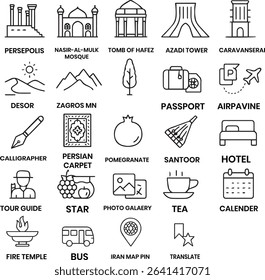 Ancient Persia Icons Collection – Outline Style Cultural Heritage and History Symbols