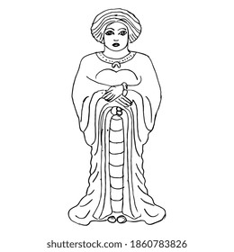 Ancient Persian goddess or woman. Achaemenid Iran. Antique female sculpture. Hand drawn linear doodle ink sketch. Black silhouette on white background.