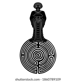 Ancient Persian goddess or woman standing on round spiral labyrinth or maze. Achaemenid Iran. Creative concept. Female mystery and power. Black and white silhouette.