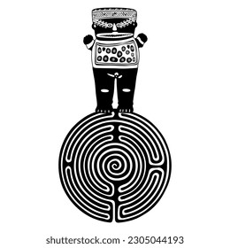Ancient Peruvian Chancay idol standing on a round spiral maze or labyrinth symbol. Enigma of Indigenous culture. 
culture. 