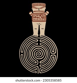 Ancient Peruvian Chancay idol standing on a round spiral maze or labyrinth symbol. Enigma of Indigenous culture. 
culture. On black background.