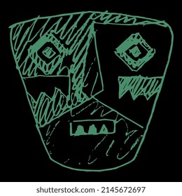 Ancient Peruvian ethnic mask. Chancay culture. Face of a textile doll. Native American art. Hand drawn linear doodle rough sketch. Green silhouette on black background.
