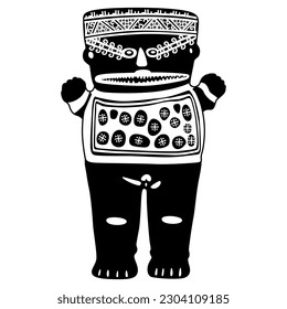 Ancient Peruvian figurines of Chancay culture. Fantastic human character. Female whale shark shaman. Indigenous native American art of ancient Peru. Black and white silhouette.