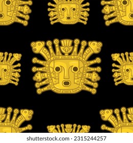 Ancient  peruvian Incaic golden god knowed as "inti" seamless pattern over black background