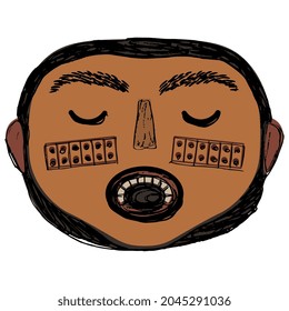 Ancient Peruvian mask. Trophy head from Nazca. Native American Indian art. Stylized human face. Hand drawn colorful rough sketch. 