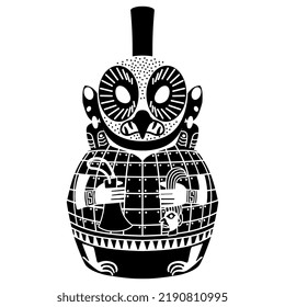Ancient Peruvian vessel in a shape of owl. Native American art of Mochica Indians. Moche pottery. Totem bird holding human head and an axe. Black and white silhouette.