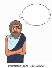 ancient philosopher character with thinking bubble, vector cartoon portrait isolated on white background