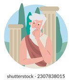 Ancient philosopher concept. Elderly man in sheet stands against backdrop of marble columns. Classical greek thinker, Socrates. Old pensive person. Cartoon flat vector illustration