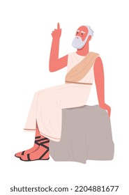 Ancient philosopher concept. Elderly man with beard sits on stone in white sheet. Grandpa raised his finger up. Idea, inspiration and insight, brainstorming. Cartoon flat vector illustration