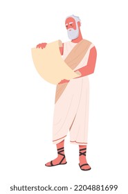 Ancient philosopher concept. Elderly man in white plaid shirt reads strange scroll. Traditions, culture, treasures. Ancient knowledge, information and history. Cartoon flat vector illustration