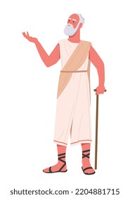 Ancient philosopher concept. Elderly man in white sheet with stick tells about his knowledge. Public speaking, orator. Sticker for social networks and messengers. Cartoon flat vector illustration