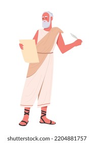 Ancient philosopher concept. Elderly man in white sheet with feather and scroll. Graphic element for website. Smart character writes down his thoughts and knowledge. Cartoon flat vector illustration