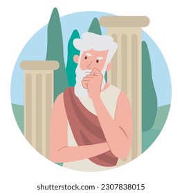 Ancient philosopher concept. Elderly man in sheet stands against backdrop of marble columns. Classical greek thinker, Socrates. Old pensive person. Cartoon flat vector illustration