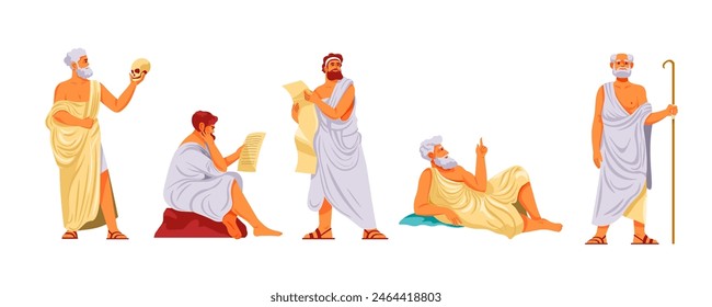 Ancient philosopher. Roman or greek philosophers cartoon character, old man in toga thinking metaphysics, socrates plato aristotle pythagoras philosophy, recent vector illustration