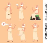Ancient philosopher Socrates classical ancient thinker in white tunic, flat style vector illustrations set isolated on background. Philosopher wise man in various poses.