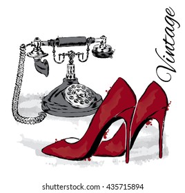 Ancient phone and high heels. Vector illustration for greeting card or poster.