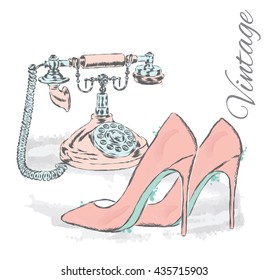 Ancient phone and high heels. Vector illustration for greeting card or poster. 