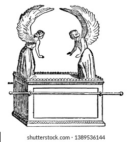 An ancient picture of the Ark of the Covenant which is a sacred chest made by the ancient Israelites according to the command and design of God, vintage line drawing or engraving illustration.