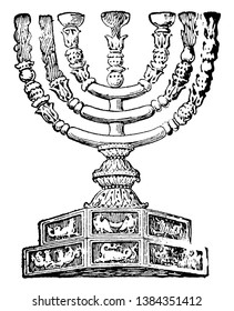 An ancient picture of Seven-branched candle-stick also known as Menorah, vintage line drawing or engraving illustration.