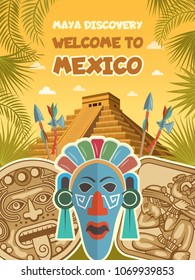 Ancient pictures of tribal masks, mayan artifacts and pyramids