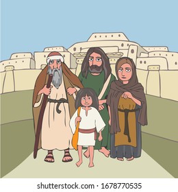 ancient pilgrims group  at old city background cartoon