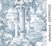 Ancient pillar in a garden toile de jouy seamless pattern illustration