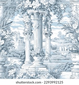 Ancient pillar in a garden toile de jouy seamless pattern illustration