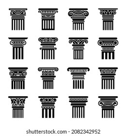 Ancient pillars. Greek stylized floral decorative columns for museum historical exhibition recent vector flat symbols set isolated