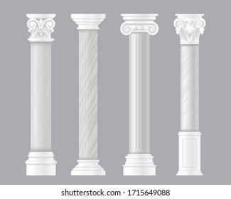 Ancient pillars vector illustrations. Architectural set of Rome or Greek classic marble columns, antique columnar architecture of Roman empire, stone pillar decoration for historic temple or palace