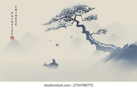 Ancient pine tree stands tall against misty mountains. Silhouetted figure sits calmly on rocky outcrop below. Birds glide softly through foggy air. Serene landscape evokes peace, solitude