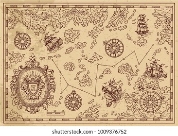 Ancient pirate map with decorative frame, sailings ships and islands. Pirate adventures, treasure hunt and old transportation concept. Hand drawn vector illustration, vintage background