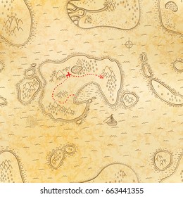 Ancient pirate map on old textured paper with red path to treasure, seamless pattern