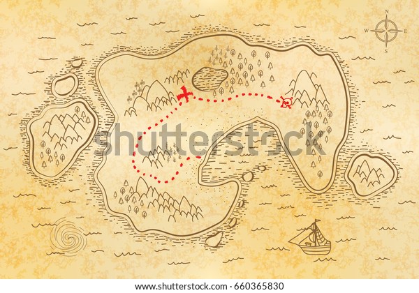 Ancient pirate map on old textured paper with\
red path to treasure